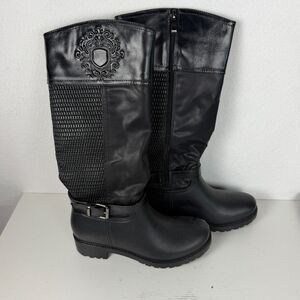 Snow Tec Women’s 6.5 Black Tall Riding Boots Buckle Zip Woven Crest Moto